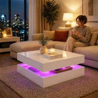 HOMCOM LED Coffee Table with Storage, 2-Tier Modern Center Table with Open Shelf and Remote for Living Room, High Gloss White(m-10)