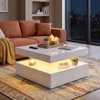 HOMCOM LED Coffee Table with Storage, 2-Tier Modern Center Table with Open Shelf and Remote for Living Room, High Gloss White(m-9)