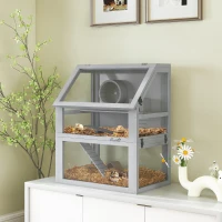 PawHut 3 Tier Wooden Hamster Cage w/ Detachable Bottom, Hut, Seesaw, Exercise Wheel, Ramps, 24" x 16" x 29.5"(m-2)