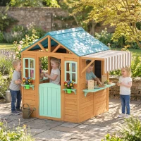 Qaba Outdoor Playhouse with Snack Bar, Half Door, Windows, Flowerpot Holders, Chalkboard, Tossing Game(m-10)