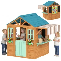 Qaba Outdoor Playhouse with Snack Bar, Half Door, Windows, Flowerpot Holders, Chalkboard, Tossing Game(m-11)