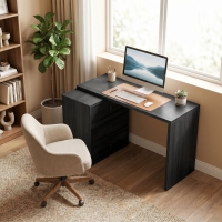 HOMCOM L Shaped Computer Desk Home Office Desk with 3 Drawers Black Wood Grain
