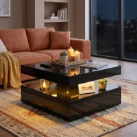 HOMCOM LED Coffee Table with Storage, 2-Tier Modern Center Table with Open Shelf and Remote for Living Room, High Gloss Black(m-9)