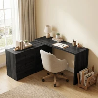 HOMCOM L Shaped Computer Desk Home Office Desk with 6 Drawers Black Wood Grain(m-9)