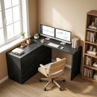 HOMCOM L Shaped Computer Desk Home Office Desk with 6 Drawers Black Wood Grain