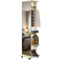 HOMCOM 15" x 62" Full Length Mirror, Tempered Glass Floor Mirror on Wheels with Storage Shelves, Coat Hangers, Natural Wood(m-2)
