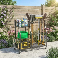 Outsunny Garden Tool Organizer for Garage, 3-Tier Yard Tool Storage Rack with 32 Slots, 4 Wheels and 11 Hooks(m-10)
