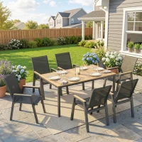 Outsunny 7 Piece Outdoor Dining Set, Rectangle Patio Table and 6 Mesh Chairs with Slatted Tabletop for Backyard, Deck, Garden(m-1)