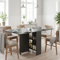HOMCOM Extendable Dining Table, Collapsible Folding Table w/ 2-tier Shelves and Rolling Casters, Black(m-10)