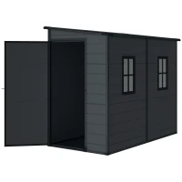 Outsunny 4.3' x 8' Outdoor Storage Shed with Floor, Garden Shed with Lockable Doors and Windows, Dark Grey(m-3)