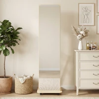 HOMCOM 15" x 62" Full Length Mirror, Tempered Glass Floor Mirror on Wheels with Storage Shelves, Coat Hangers, Natural Wood(m-10)