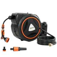 Outsunny Retractable Garden Hose Reel, 1/2" x 92ft Wall Mounted Hose Reel with 12-Pattern Nozzles, Auto Retraction, Self-Locking(m-11)