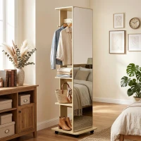 HOMCOM 15" x 62" Full Length Mirror, Tempered Glass Floor Mirror on Wheels with Storage Shelves, Coat Hangers, Natural Wood(m-9)