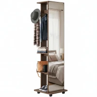 HOMCOM 15" x 62" Full Length Mirror, Tempered Glass Floor Mirror on Wheels with Storage Shelves, Coat Hangers, Brown Wood Grain(m-11)