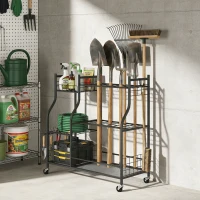 Outsunny Garden Tool Organizer for Garage, 3-Tier Yard Tool Storage Rack with 32 Slots, 4 Wheels and 11 Hooks(m-12)