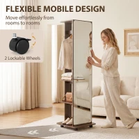 HOMCOM 15" x 62" Full Length Mirror, Tempered Glass Floor Mirror on Wheels with Storage Shelves, Coat Hangers, Brown Wood Grain(m-7)