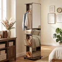 HOMCOM 15" x 62" Full Length Mirror, Tempered Glass Floor Mirror on Wheels with Storage Shelves, Coat Hangers, Brown Wood Grain(m-9)