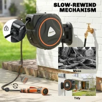 Outsunny Retractable Garden Hose Reel, 1/2" x 92ft Wall Mounted Hose Reel with 12-Pattern Nozzles, Auto Retraction, Self-Locking(m-5)