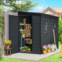 Outsunny 4.3' x 8' Outdoor Storage Shed with Floor, Garden Shed with Lockable Doors and Windows, Dark Grey(m-2)