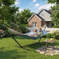 Outsunny Hammock with Stand Heavy Duty Camping Hammock with Steel Frame for Patio Backyard Blue and White(m-10)