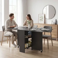 HOMCOM Extendable Dining Table, Collapsible Folding Table w/ 2-tier Shelves and Rolling Casters, Black(m-11)