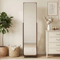 HOMCOM 15" x 62" Full Length Mirror, Tempered Glass Floor Mirror on Wheels with Storage Shelves, Coat Hangers, Brown Wood Grain(m-10)