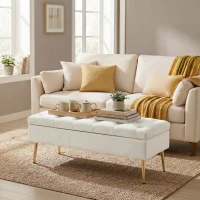HOMCOM Upholstered Bedroom Bench with Gold Tone Metal Legs, Velvet Tufted and Thick Padding, Beige(m-10)