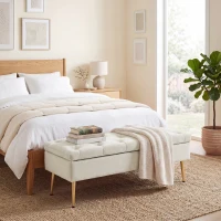 HOMCOM Upholstered Bedroom Bench with Gold Tone Metal Legs, Velvet Tufted and Thick Padding, Beige(m-9)
