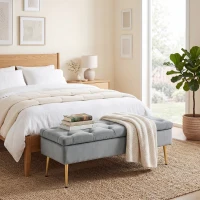 HOMCOM Upholstered Bedroom Bench with Gold Tone Metal Legs, Velvet Tufted and Thick Padding, Grey(m-9)