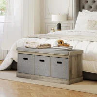 HOMCOM Shoe Storage Bench with Seat, Entryway Bench Seat with Cushion, 3 Fabric Drawers for Hallway, Washed Grey(m-9)