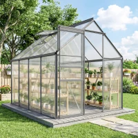 Outsunny 6' x 8' x 6.5' Polycarbonate Greenhouse, Walk-in Green House with Adjustable Roof Vent Galvanized Base Sliding Door Rain Gutter for Outdoor Garden Backyard, Charcoal Grey(m-1)