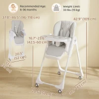 Qaba High Chair with Wheels, Double Tray, Foldable Baby Seat with Adjustable Seat Height, Backrest, Footrest and Tray, Grey(m-3)