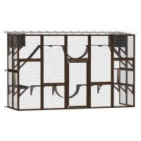 PawHut Catio Playground Cat Window Box Outside Enclosure for Multiple Cats w/ Shelves & Bridges, Coffee Brown(m-11)