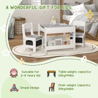 Qaba 3 Piece Kids Table and Chair Set with Reversible Tabletop, Blackboard, Storage, Bookshelf, for Playroom, Nursery, Grey(m-5)