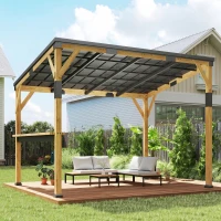 Outsunny 10' x 14' Wooden Gazebo, Hardtop Lean-to Gazebo Pergola with Galvanized Steel Sloped Roof, Bar Shelf, Natural Wood(m-7)