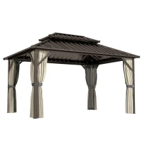 Outsunny 10' x 14' Hardtop Gazebo with Double Galvanized Steel Roof Canopy, Aluminum Frame Permanent Gazebo, Brown(m-1)