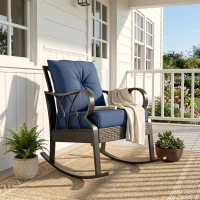 Outsunny Outdoor Wicker Rocking Chair with Padded Cushions, Aluminum Furniture, Rattan Porch Rocker Chair w/ Armrest, Navy Blue(m-6)