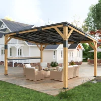 Outsunny 10' x 14' Wooden Gazebo, Hardtop Lean-to Gazebo Pergola with Galvanized Steel Sloped Roof, Bar Shelf, Natural Wood(m-10)