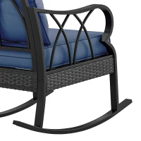 Outsunny Outdoor Wicker Rocking Chair with Padded Cushions, Aluminum Furniture, Rattan Porch Rocker Chair w/ Armrest, Navy Blue(m-13)