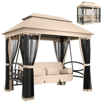 Outsunny 3-Seat Patio Swing Chair, Outdoor Gazebo Swing with Double Tier Canopy, Mesh Sidewalls, Cushioned Seat and Pillows, Beige(m-1)