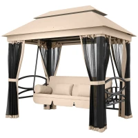 Outsunny 3-Seat Patio Swing Chair, Outdoor Gazebo Swing with Double Tier Canopy, Mesh Sidewalls, Cushioned Seat and Pillows, Beige(m-11)