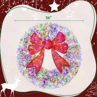 HOMCOM 36in Flocked Pre-Lit Christmas Wreath with 3D Red Bow, 11 Lighting Modes, Front Door Christmas Wreath with Remote(m-3)