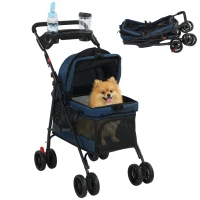 PawHut Foldable Pet Stroller for Small Dogs and Cats with 4 Wheels, Mesh Windows, Brake, Removable Pad, Storage Tray, Dark Blue(m-11)
