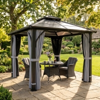 Outsunny 10' x 10' Hardtop Gazebo with 7mm Polycarbonate Double-Tier Roof, Outdoor Gazebo with Netting and Curtains, Dark Grey