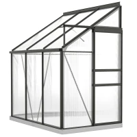 Outsunny Aluminum Lean-to Greenhouse Polycarbonate Walk-in Greenhouse with Rain Gutter and Sliding Door, 6' x 4', Dark Grey(m-3)