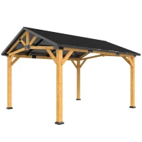 Outsunny 13' x 11' Hardtop Gazebo Canopy with Galvanised Metal Roof, Fir Wood Frame and Central Hook for Patio, Black Gray(m-13)