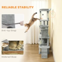 PawHut 67" Large Cat Tree with 7 Scratching Posts, Tunnel, 2 Condos, Hammock, Perch, Ramp, Pompoms, Light Grey(m-10)