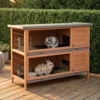 PawHut 54" 2-Story Large Rabbit Hutch Bunny Cage Wooden Pet House Small Animal Habitat Lockable Doors, Tray, Roof, Orange(m-2)