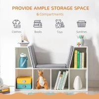 HOMCOM 6-Cubby Kids Bookcase with Reading Nook and Cushion, Multi-Purpose Storage Organizer for Bedroom, Living Room, Pure White(m-4)