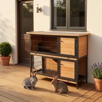 PawHut 48" 2-Story Large Rabbit Hutch Bunny Cage Wooden Pet House Metal Frame with Rooms, Ramp, No Leak Tray, Feeding Trough, Waterproof Asphalt Roof for Rabbits, Chickens, Ducks, Outdoor/Indoor(m-2)